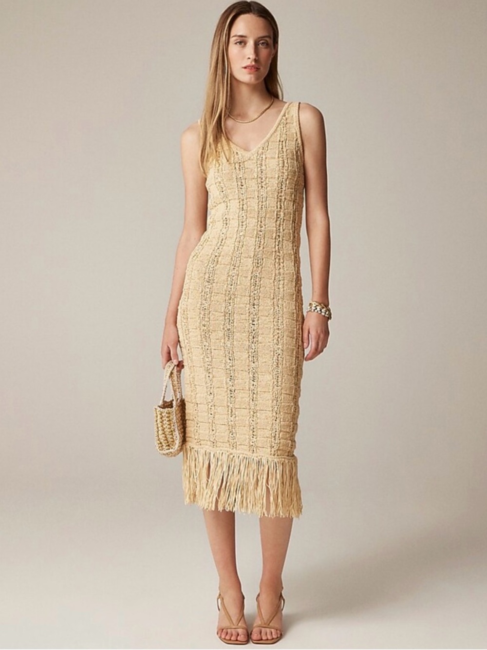 J Crew, Blogger Fave Sleeveless Fringe Hem Knit Midi Dress in Beige